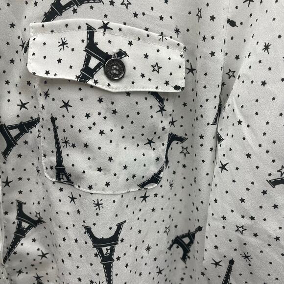 Karl Lagerfeld Paris Eiffel Tower Print Blouse Roll-Tab Sleeves Size Large - Picture 5 of 10